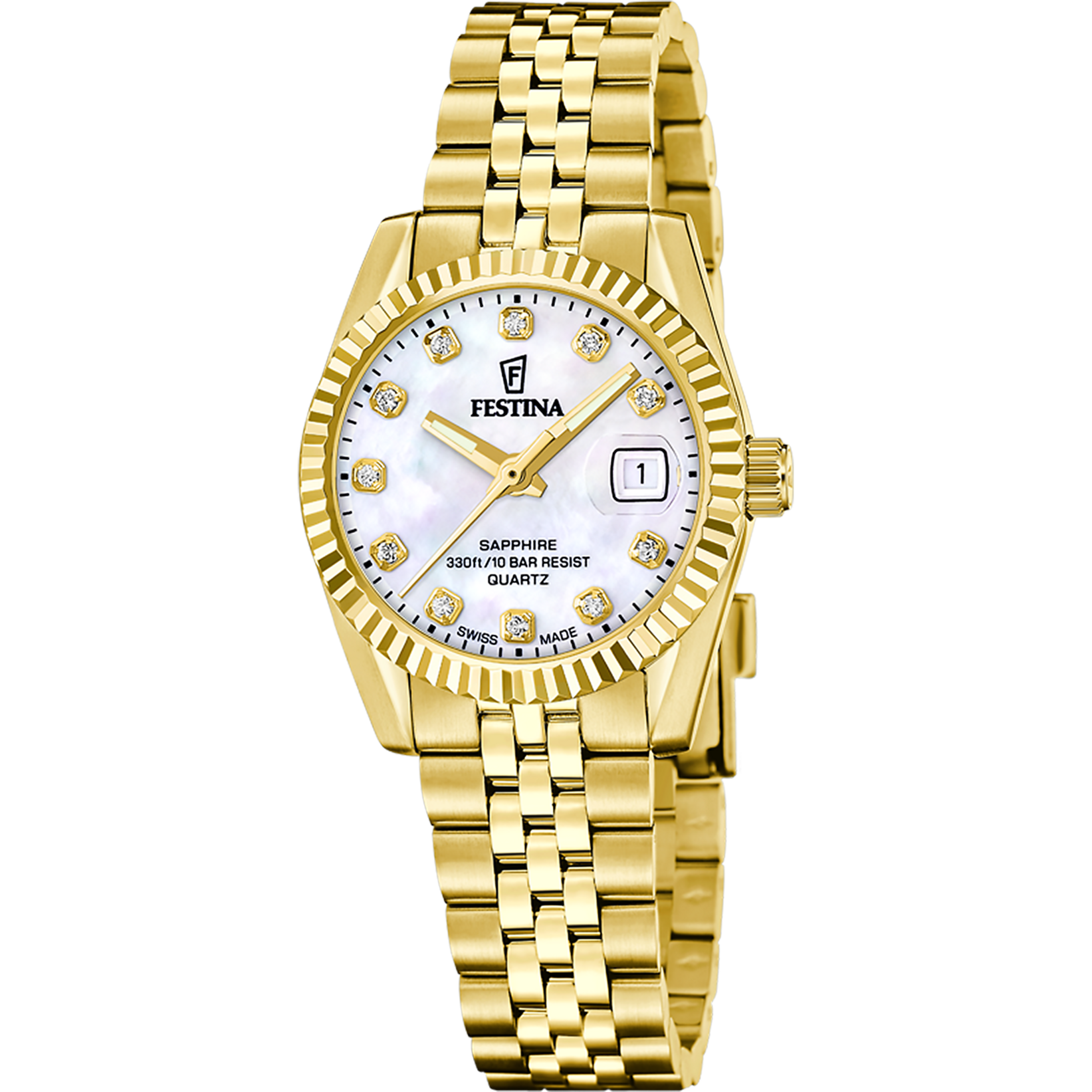 Festina Classic Swiss Made F20089/1 Damenuhr • Saphirglas • Edelstahlarmband Gold