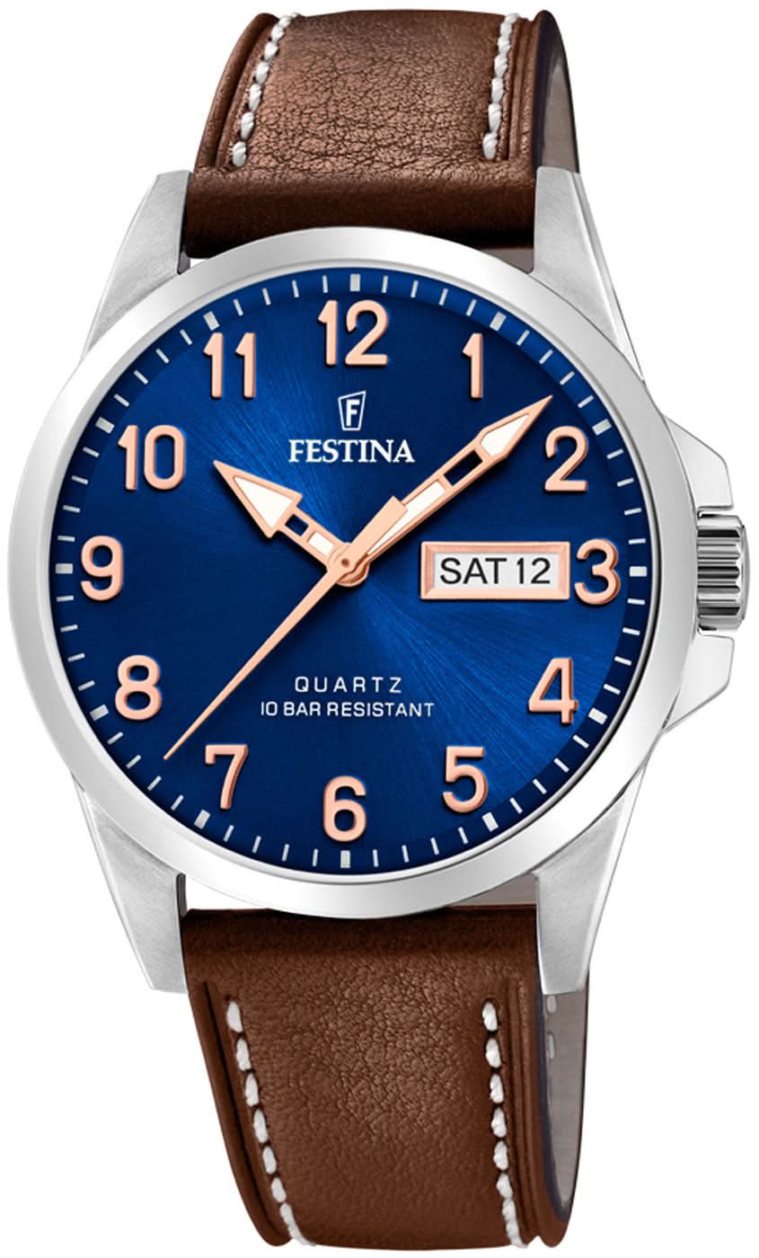 Orologio da uomo Festina con quadrante blu, cassa argentata e cinturino in pelle marrone