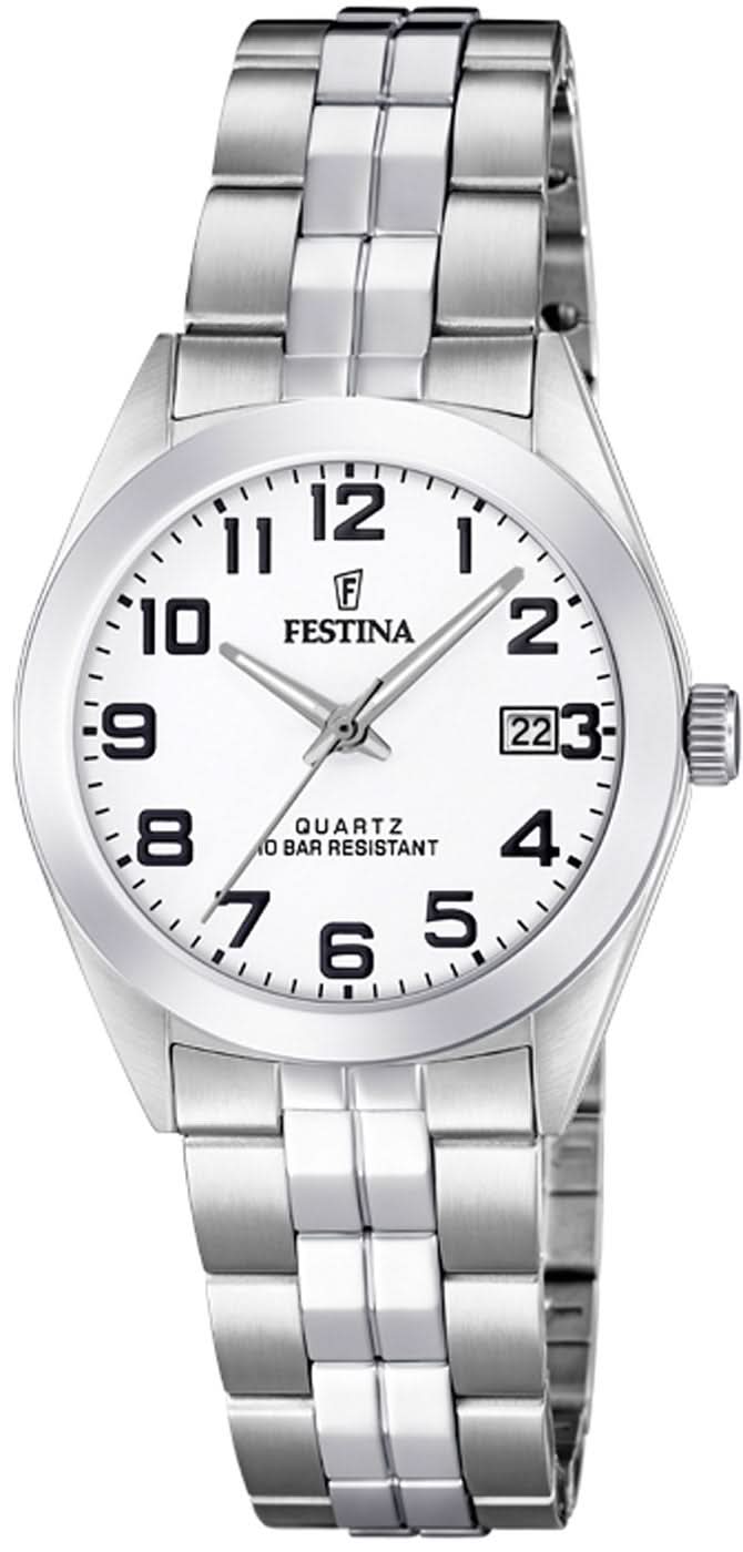 Festina Damenuhr mit weißem Zifferblatt, schwarzer Indexskala und Edelstahlarmband