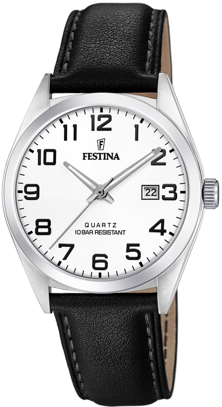 Orologio da uomo Festina: cinturino in pelle nera, cassa argentata, quadrante bianco, datario