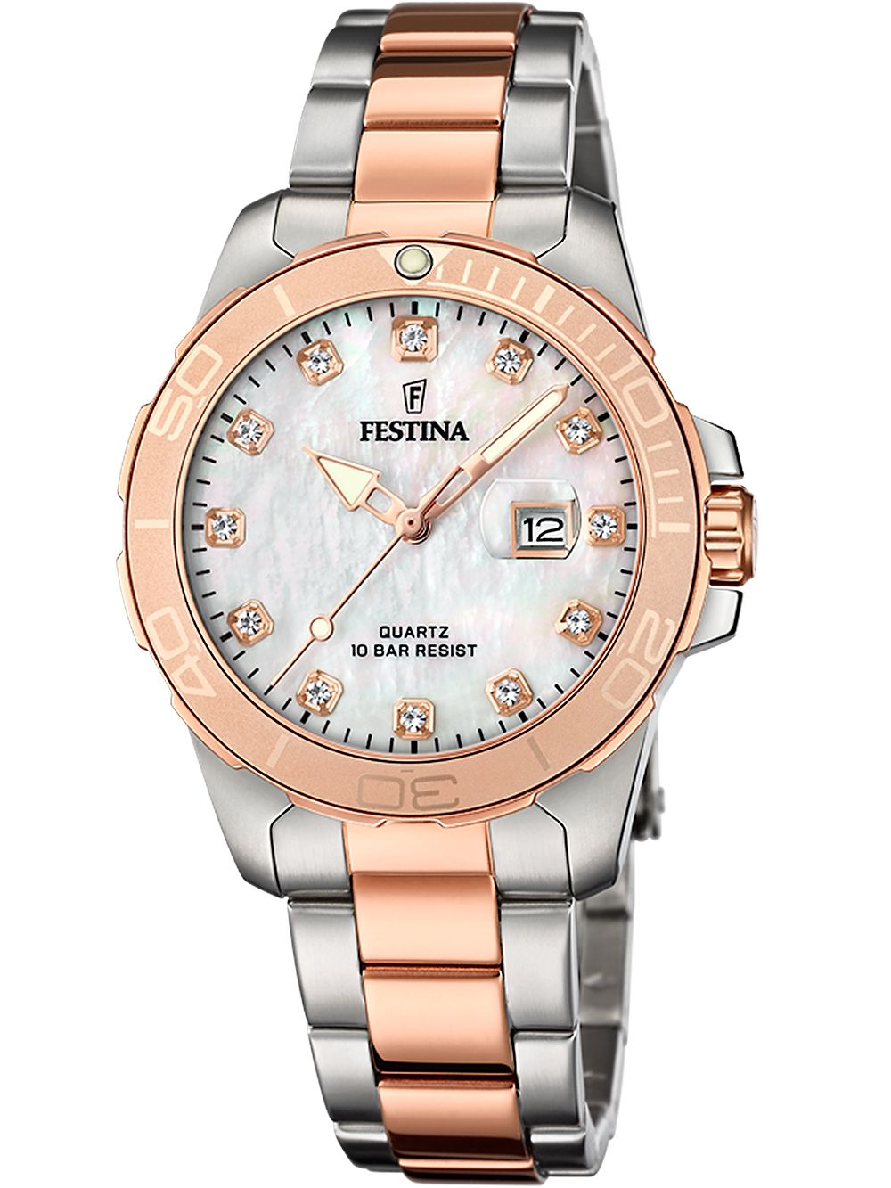 Festina Boyfriend F20505/1 Damenuhr Bicolor • Perlmutt-Zifferblatt mit Datum • Mineralglas