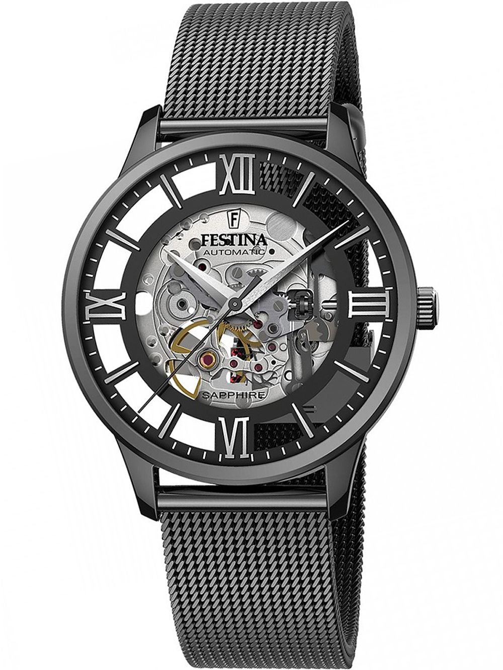 Zegarek męski Festina: czarna tarcza z rzymskimi cyframi, mechanizm typu skeleton i bransoleta typu mesh