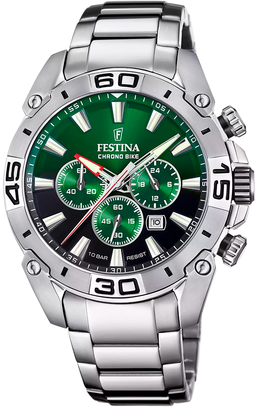 Orologio da uomo in acciaio inossidabile con quadrante cronografo verde, cinturino in metallo e contatori.