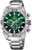 Orologio da uomo in acciaio inossidabile con quadrante cronografo verde, cinturino in metallo e contatori.