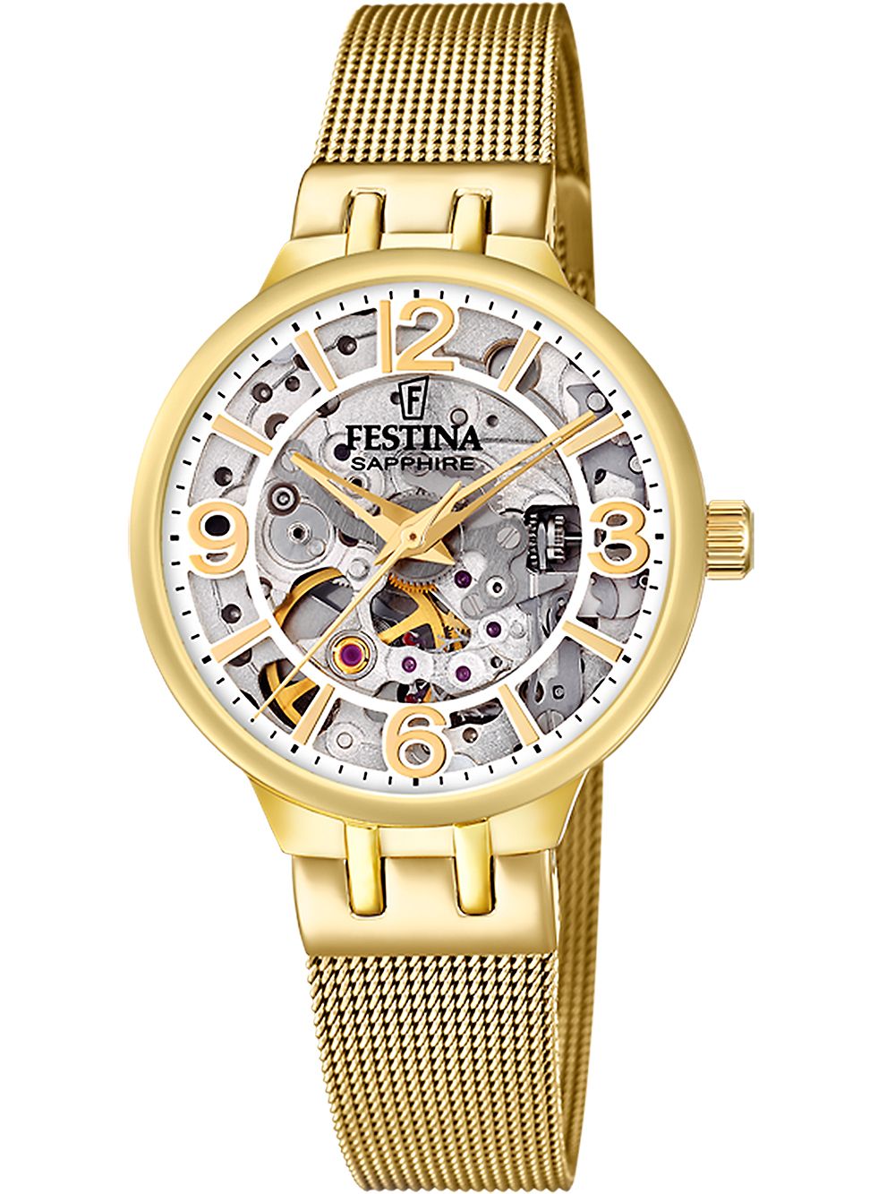 Festina F20580/1 Damenuhr Automatik Gold • Saphirglas • Edelstahlarmband