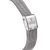 Damenuhr-Detail: rechteckige Bedienelemente am Gehäuse und Edelstahl-Meshband