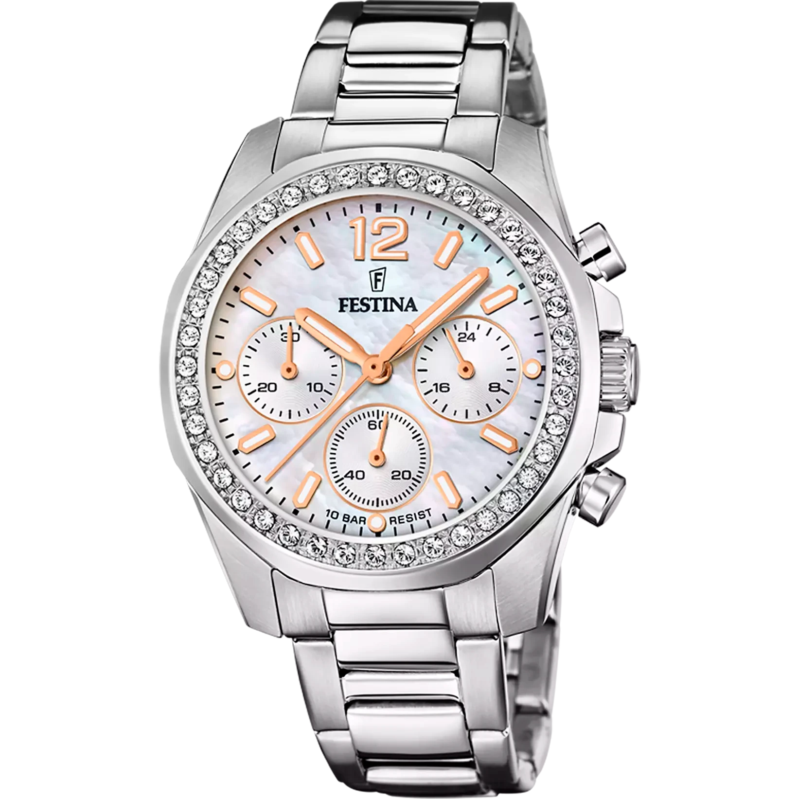 Festina Damenuhr mit Chronographen-Zifferblatt, Kristalllünette und Edelstahlarmband
