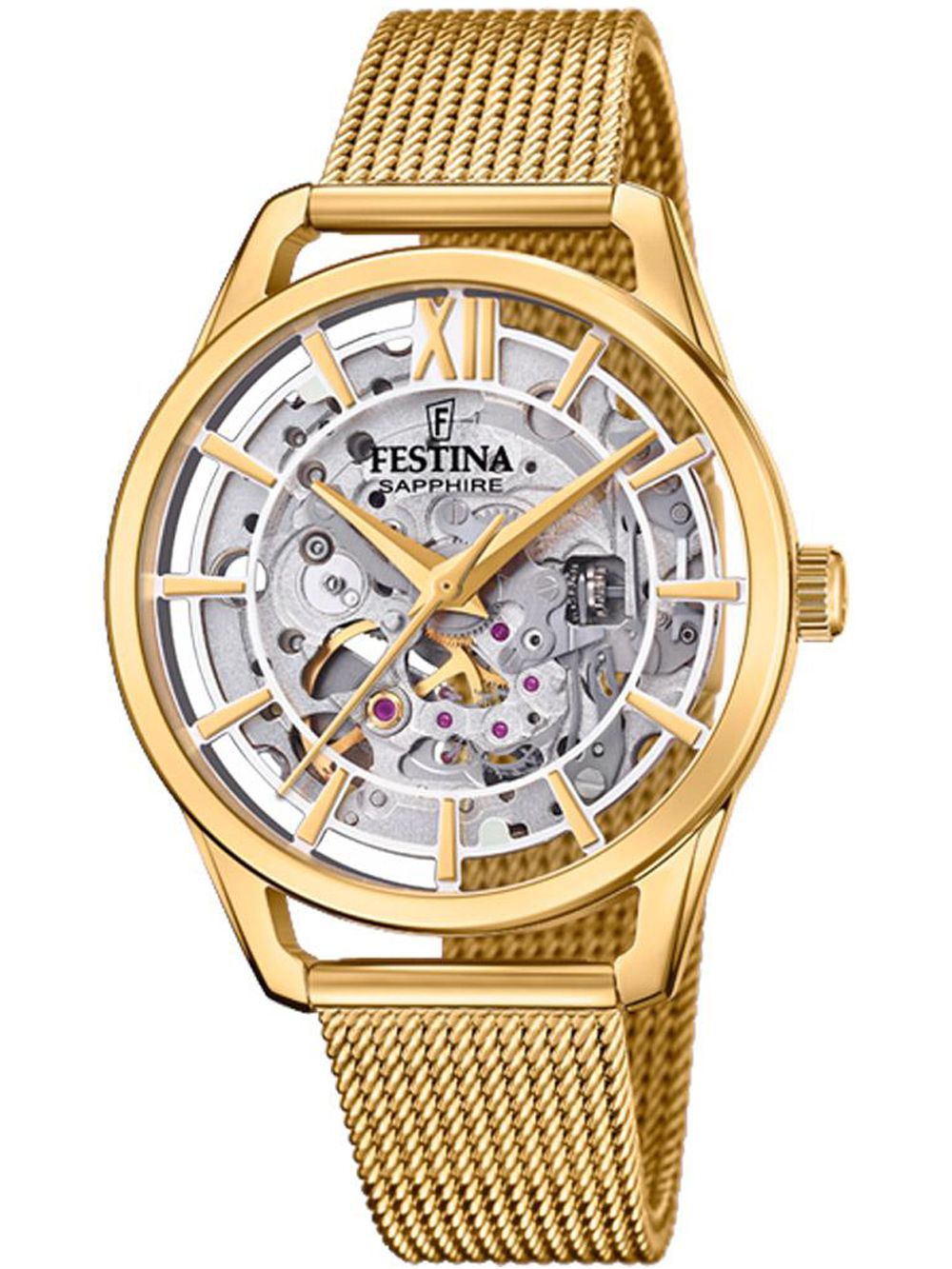 Festina Automatic F20629/1 Damen Armbanduhr Gold • Skelett-Zifferblatt • Saphirglas