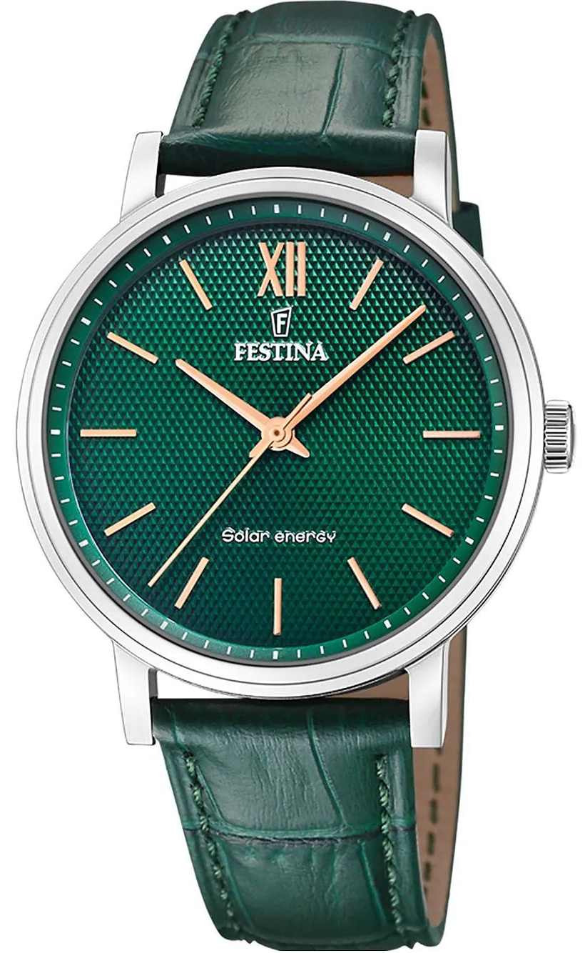 Orologio da uomo Festina con cinturino in pelle verde e quadrante verde, numeri romani