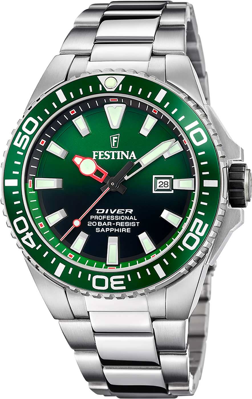 Festina Herrenuhr mit grünem Zifferblatt, Edelstahlband und drehbarer Lünette, Datum