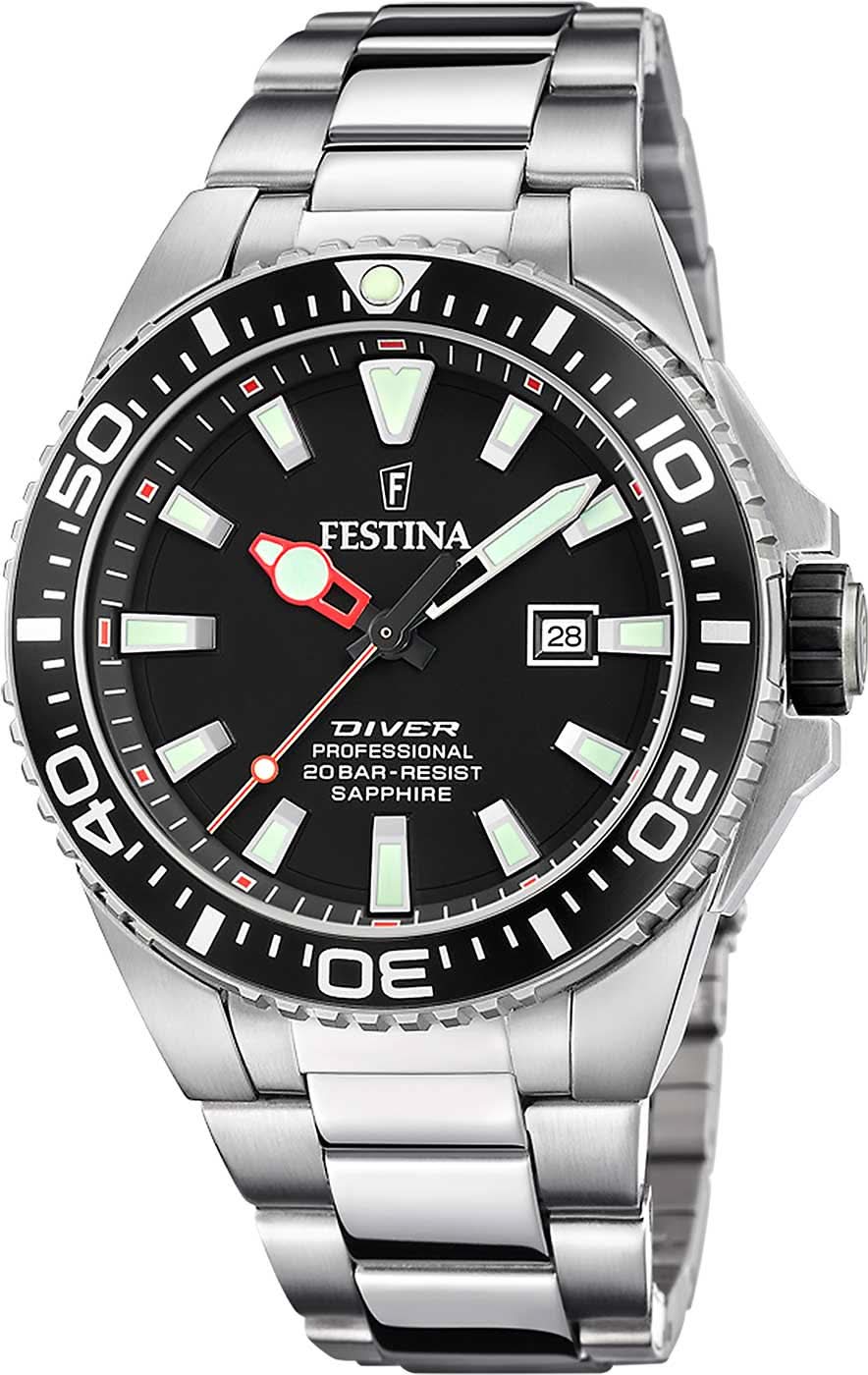 Orologio da uomo Festina Diver Professional con quadrante nero, datario, cinturino in acciaio
