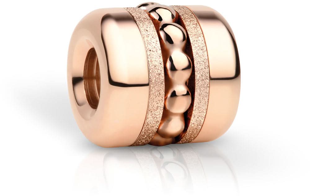 Charm in acciaio inossidabile color oro rosa con motivo a cuore sull'anello cilindrico