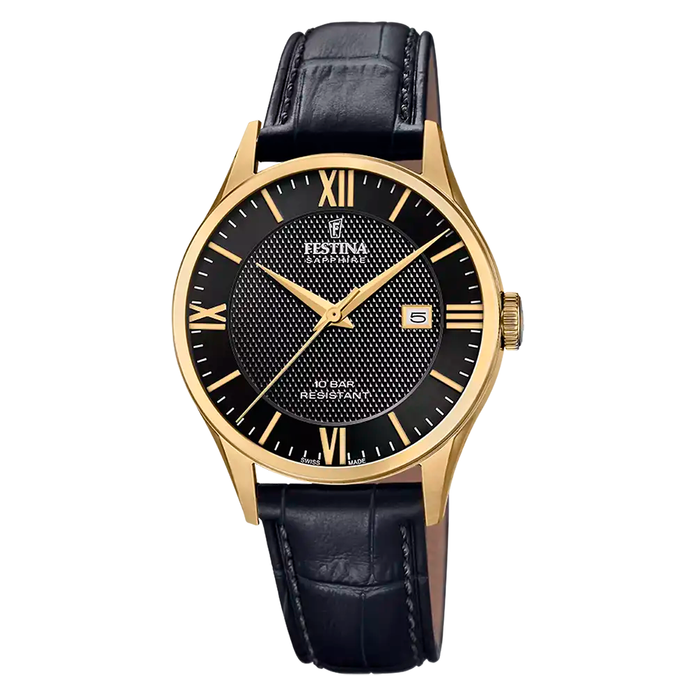 Herrenarmbanduhr mit schwarzem Zifferblatt, goldfarbenem Gehäuse und schwarzem Lederband