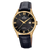 Herrenarmbanduhr mit schwarzem Zifferblatt, goldfarbenem Gehäuse und schwarzem Lederband