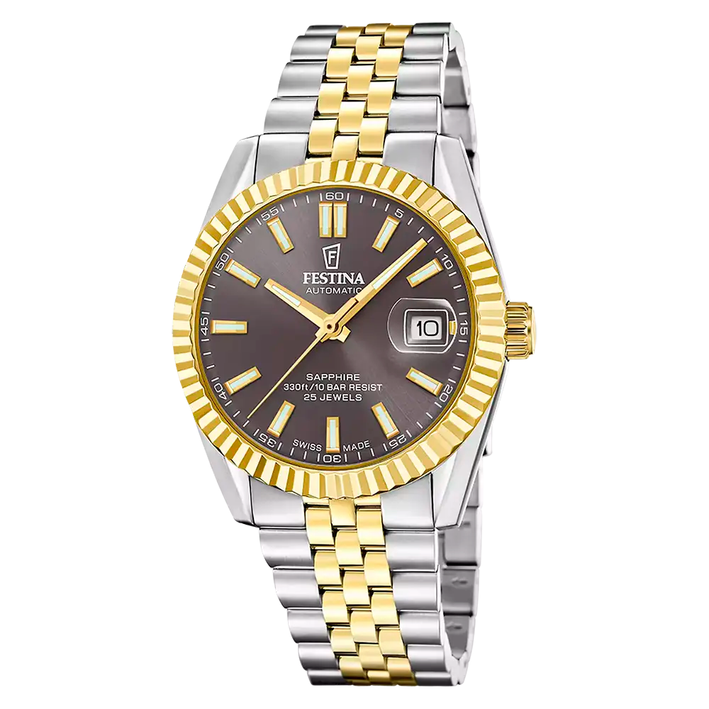 Zweistufige Armbanduhr mit gold-silbernem Edelstahlband und dunklem Zifferblatt