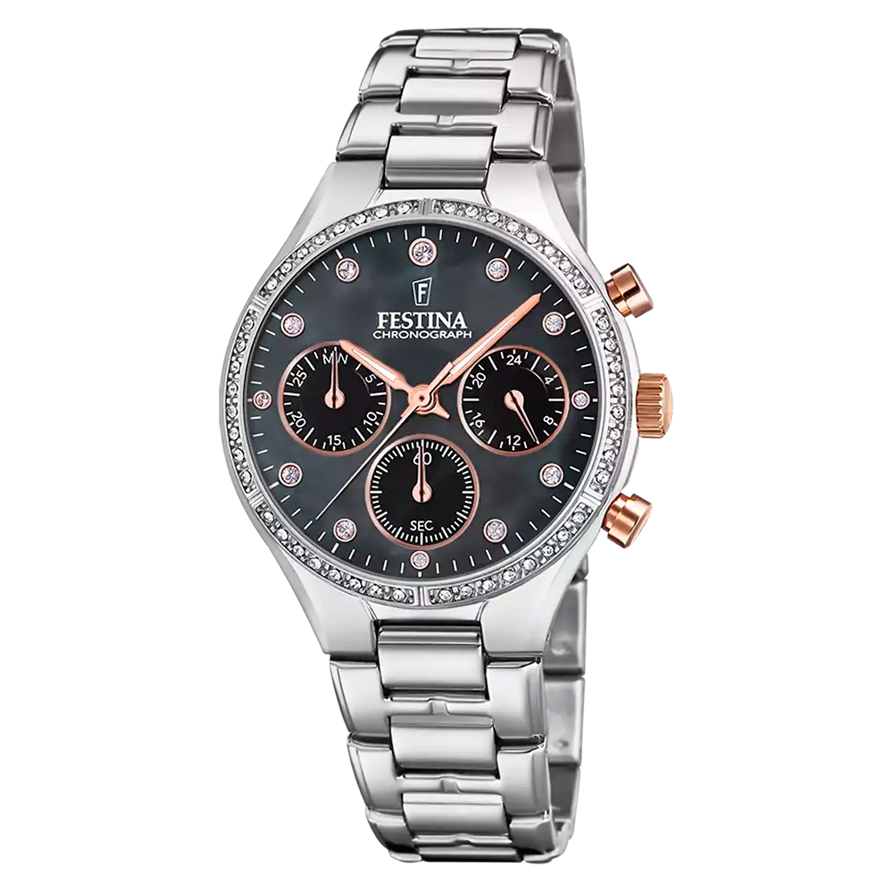 Festina Boyfriend F20401/4 Damklocka • Kronograf • Rostfritt stålboett med Zirkoner
