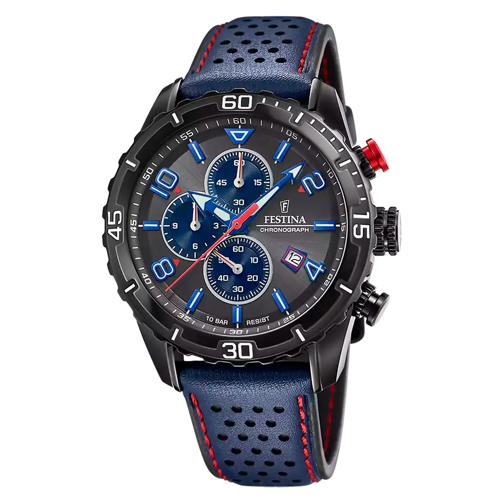 Herren-Chronographuhr mit schwarzem Gehäuse, blauem Zifferblatt und perforiertem Lederband