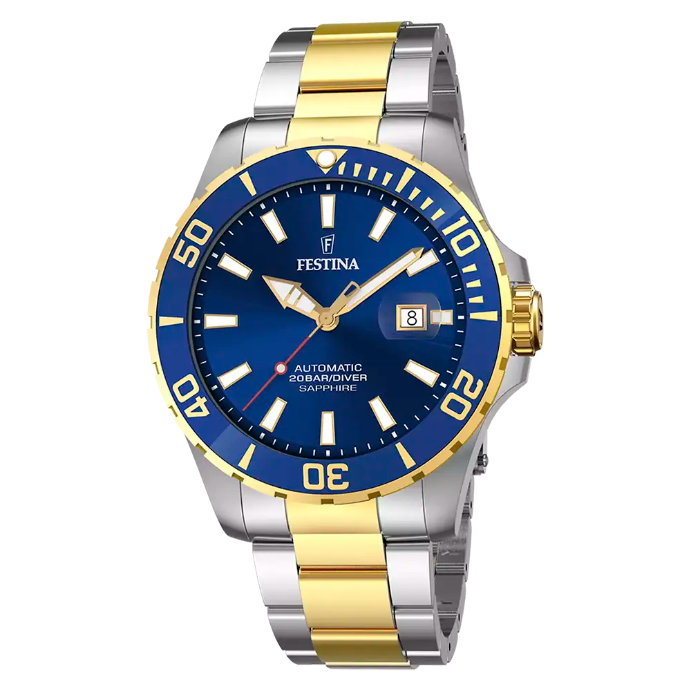 Zweifarbige Herrenuhr mit blauem Zifferblatt, goldener Lünette und Datumsfenster