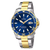 Zweifarbige Herrenuhr mit blauem Zifferblatt, goldener Lünette und Datumsfenster