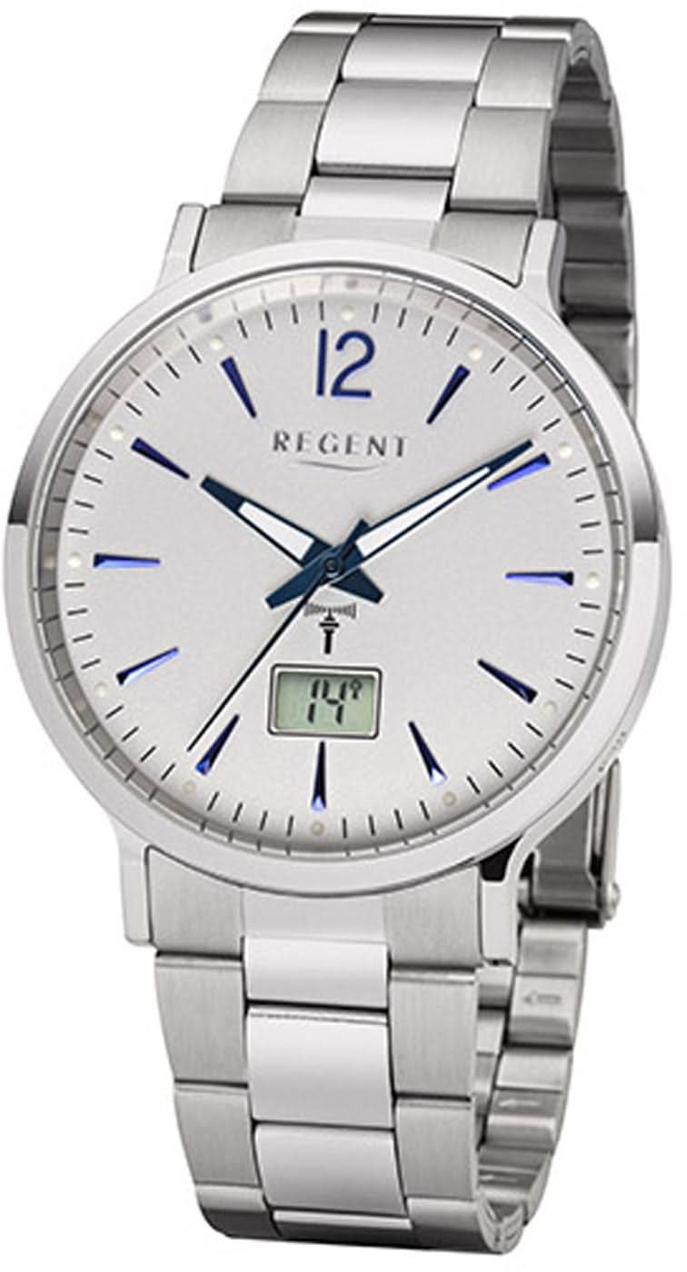 Orologio da uomo Regent con bracciale in metallo argentato, quadrante bianco, lancette blu e datario