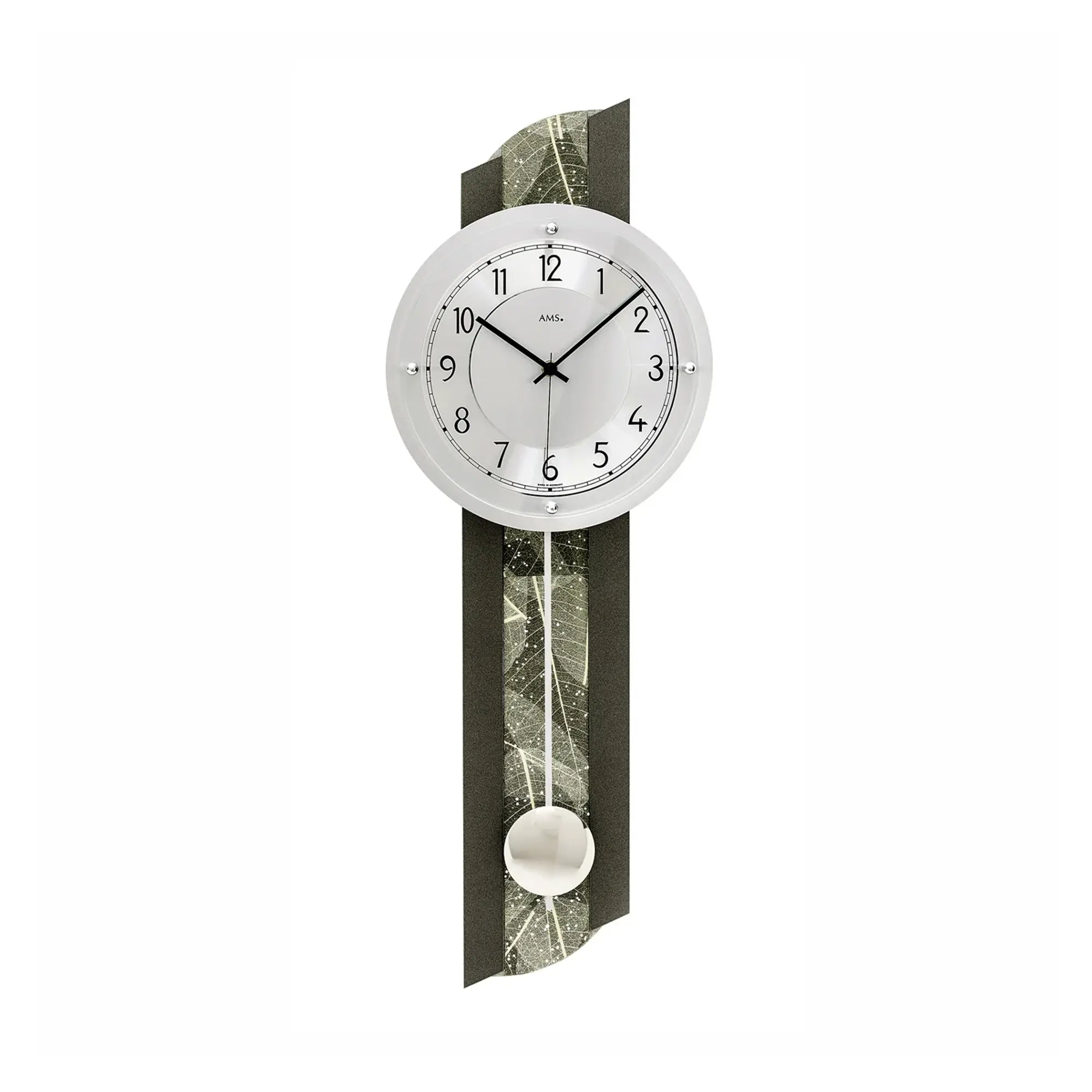 Wanduhr mit rundem weißem Zifferblatt, schwarzen Zeigern und Pendelbob im Kristallpaneel