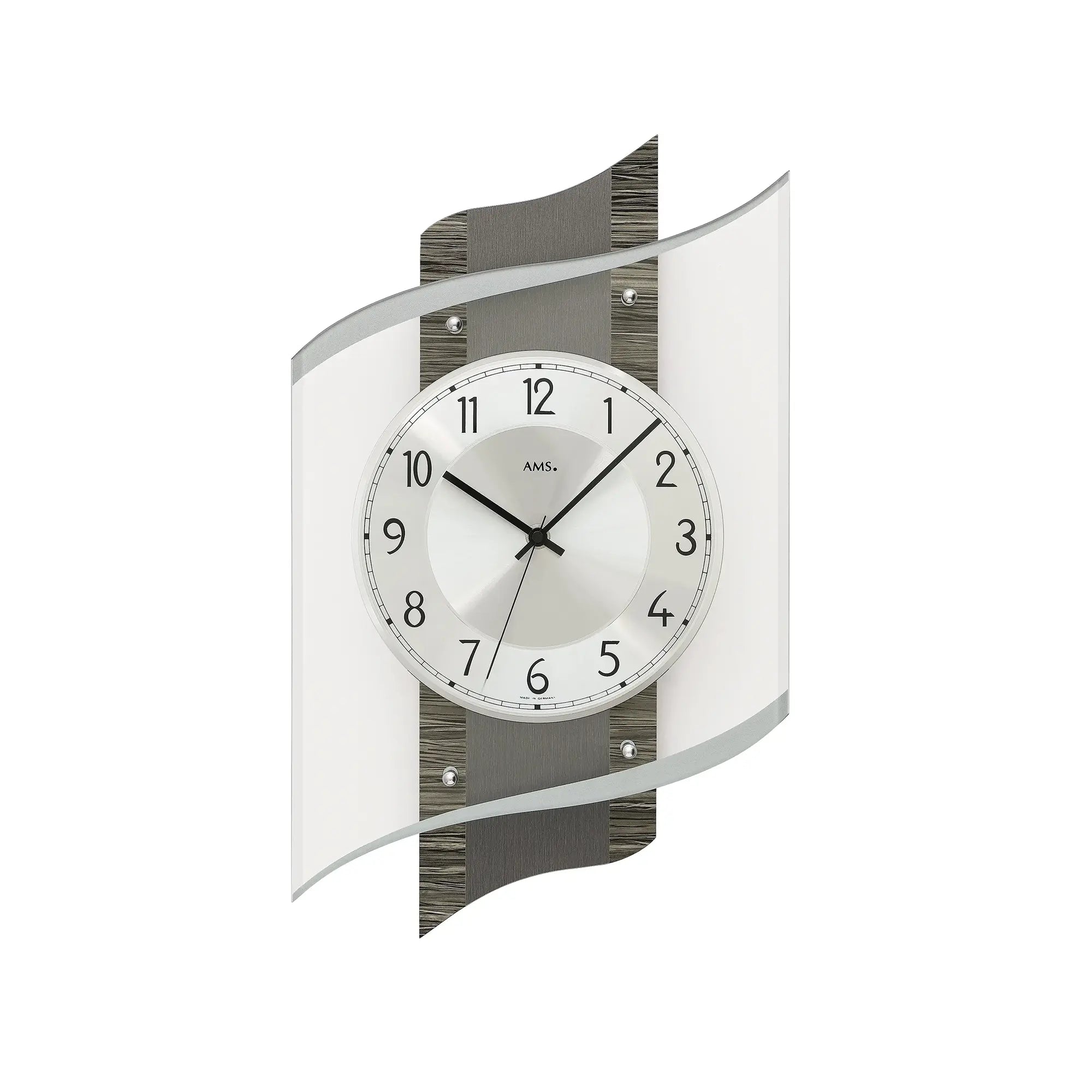 Wanduhr mit facettiertem Mineralglas und Aluminium-Zifferblatt, schwarze Zeiger