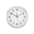 Runde Wanduhr: silbernes Aluminiumgehäuse, Mineralglas, weißes Ziffernblatt mit schwarzen Zahlen