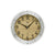 Wanduhr mit weißem Ring, rundem Holz-Zifferblatt und schwarzen Zeigern, AMS-Logo