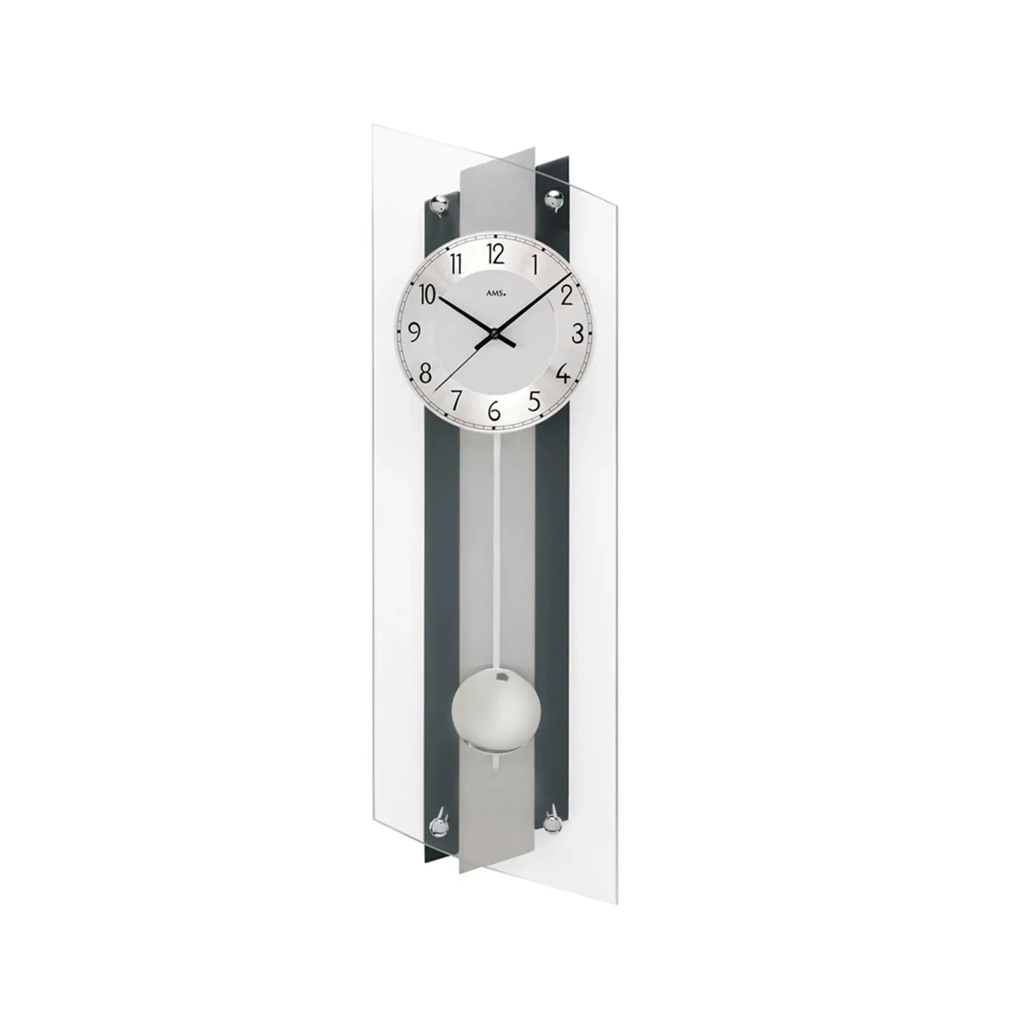 Wanduhr mit rundem Zifferblatt, schwarzen Akzenten und sichtbarer Pendelkugel