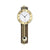Wanduhr im dunklen Holzgehäuse mit weißem Zifferblatt, goldener Umrandung und Pendelstangen