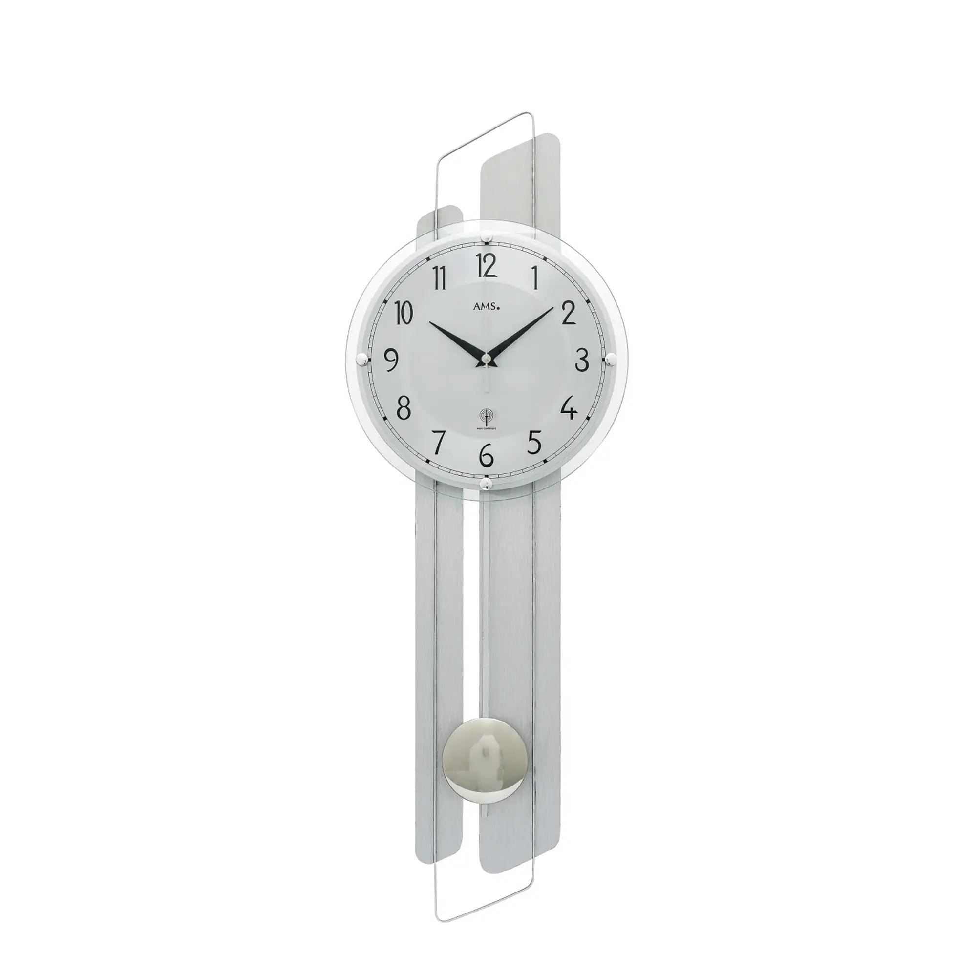 Wanduhr mit Aluminium-Gehäuse, rundem Zifferblatt und Glasabdeckung des Pendelwerks