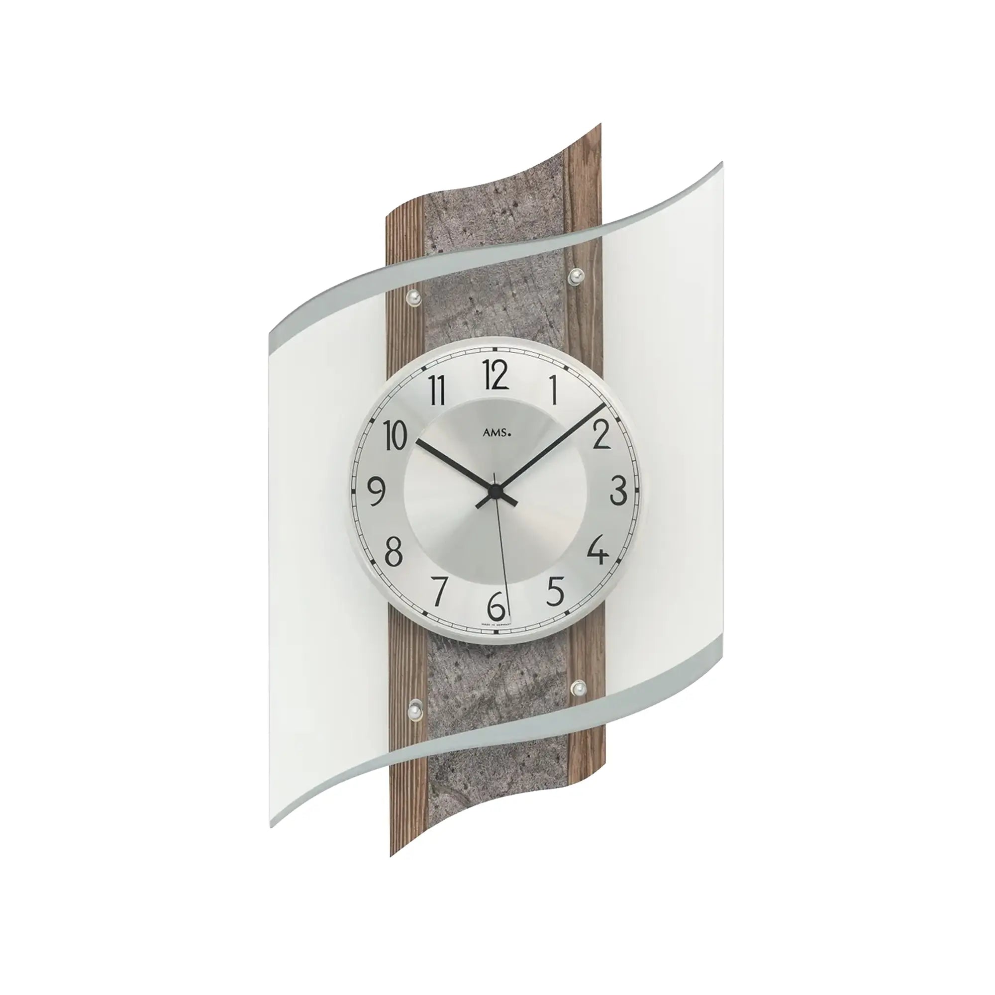 AMS Heidelberg Wanduhr mit rundem Zifferblatt, Glasfront und Holz-/Steinplatte, Funk-Uhrwerk