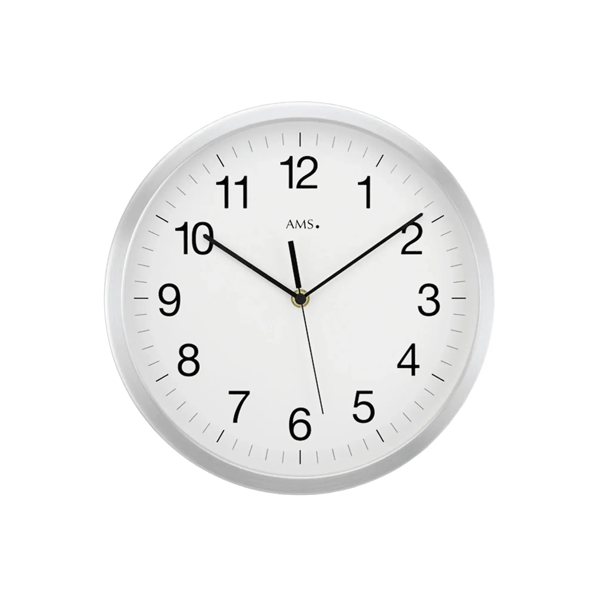 Funk-Wanduhr: silbernes Gehäuse, weißes Zifferblatt, schwarze Zeiger, AMS