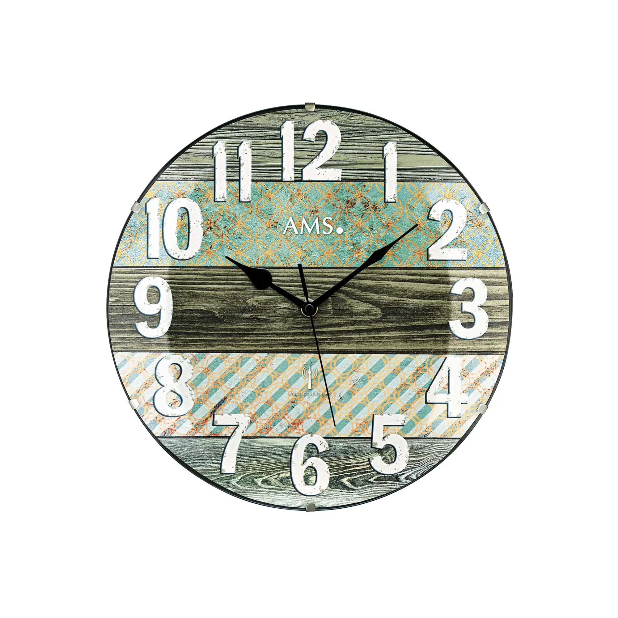 Runde AMS Funk-Wanduhr, weiße Ziffern auf grünem Holz- und Musterdruck