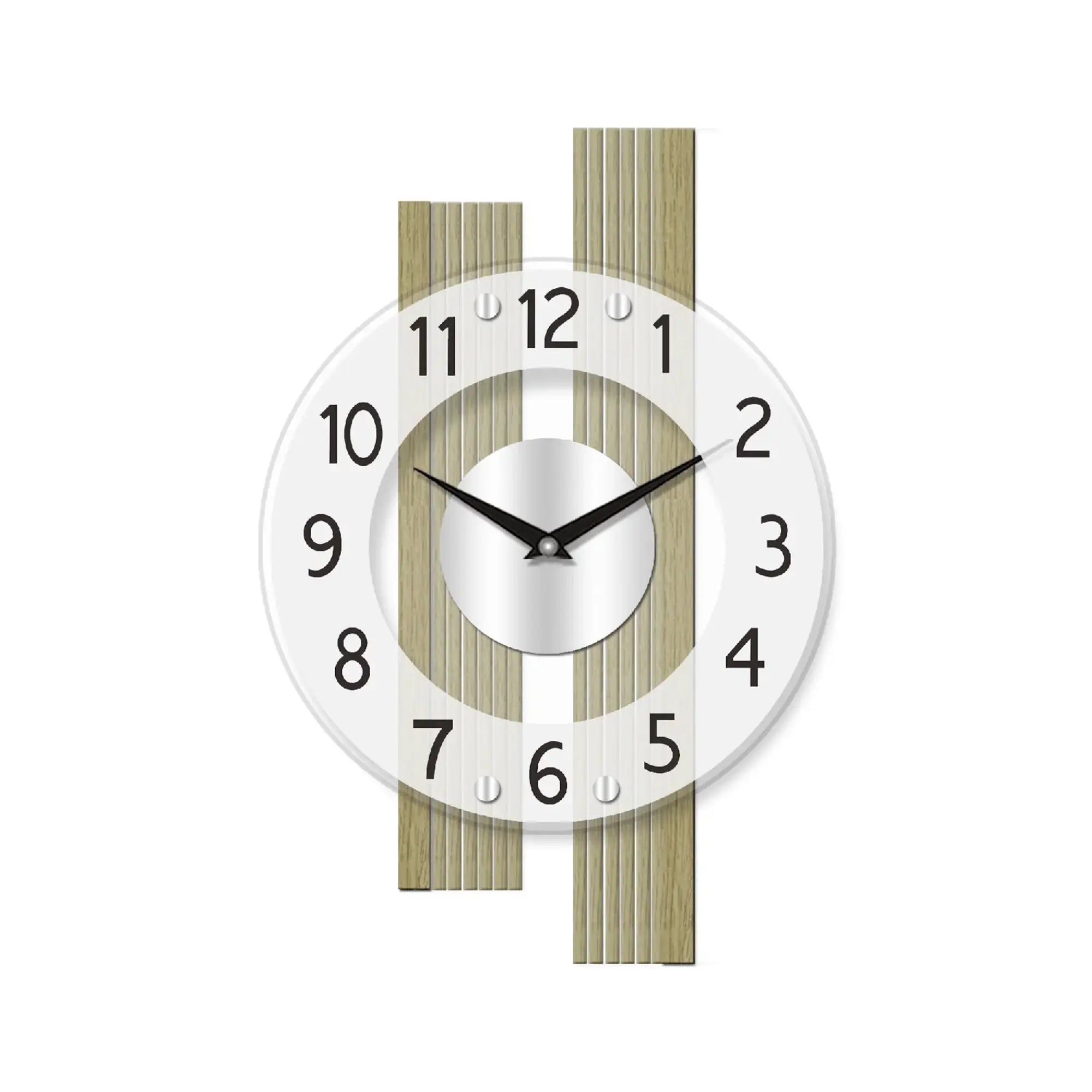 Wanduhr mit rundem Zifferblatt, Eichenholzstreifen und schwarzen Zahlen, silbernen Zeigern