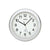 Runde Wanduhr mit silbernem Rahmen, weißem Ziffernblatt und schwarzen Zeigern, AMS
