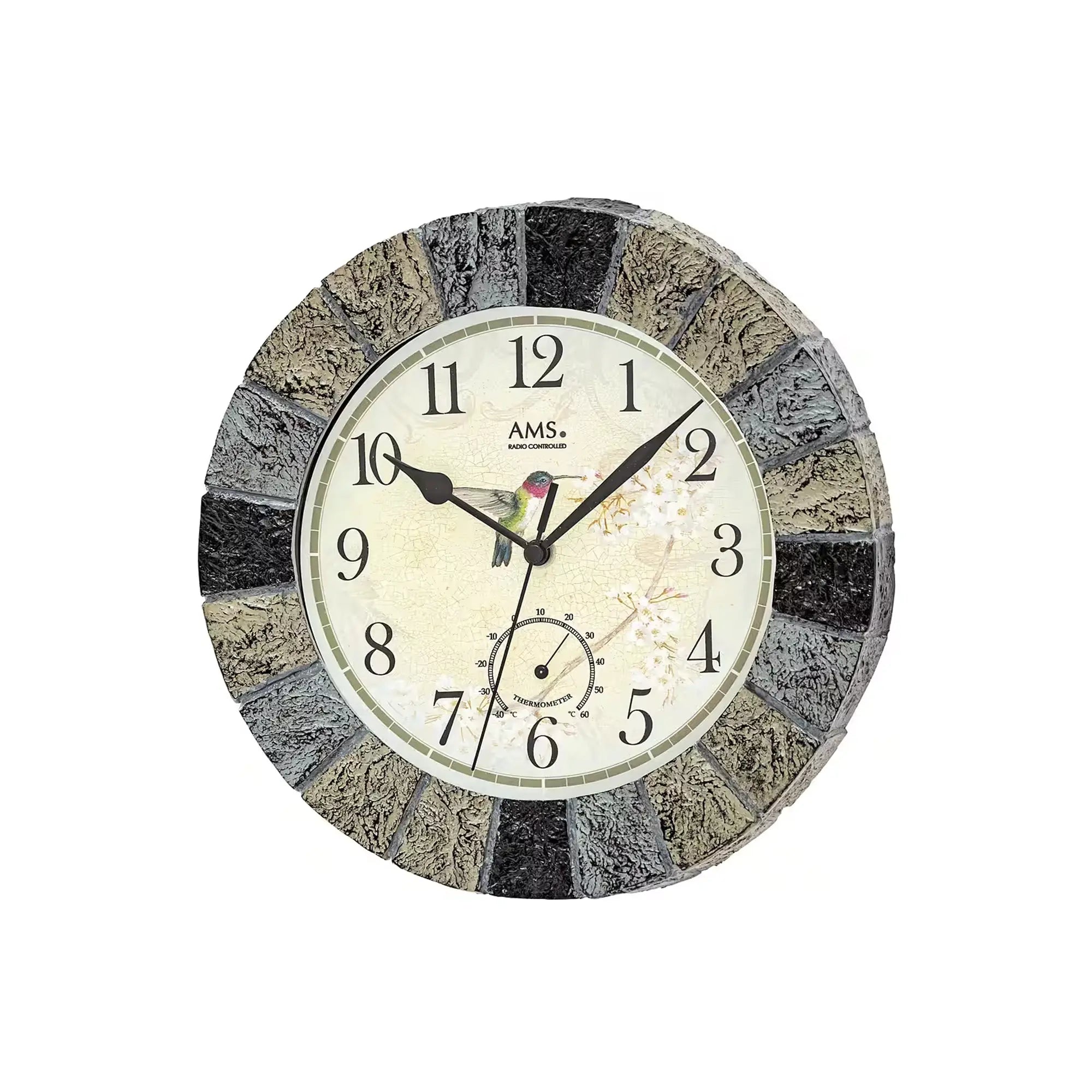 Runde Funk-Wanduhr mit schwarzem-grauem Steinoptik-Rahmen und beigem Ziffernblatt