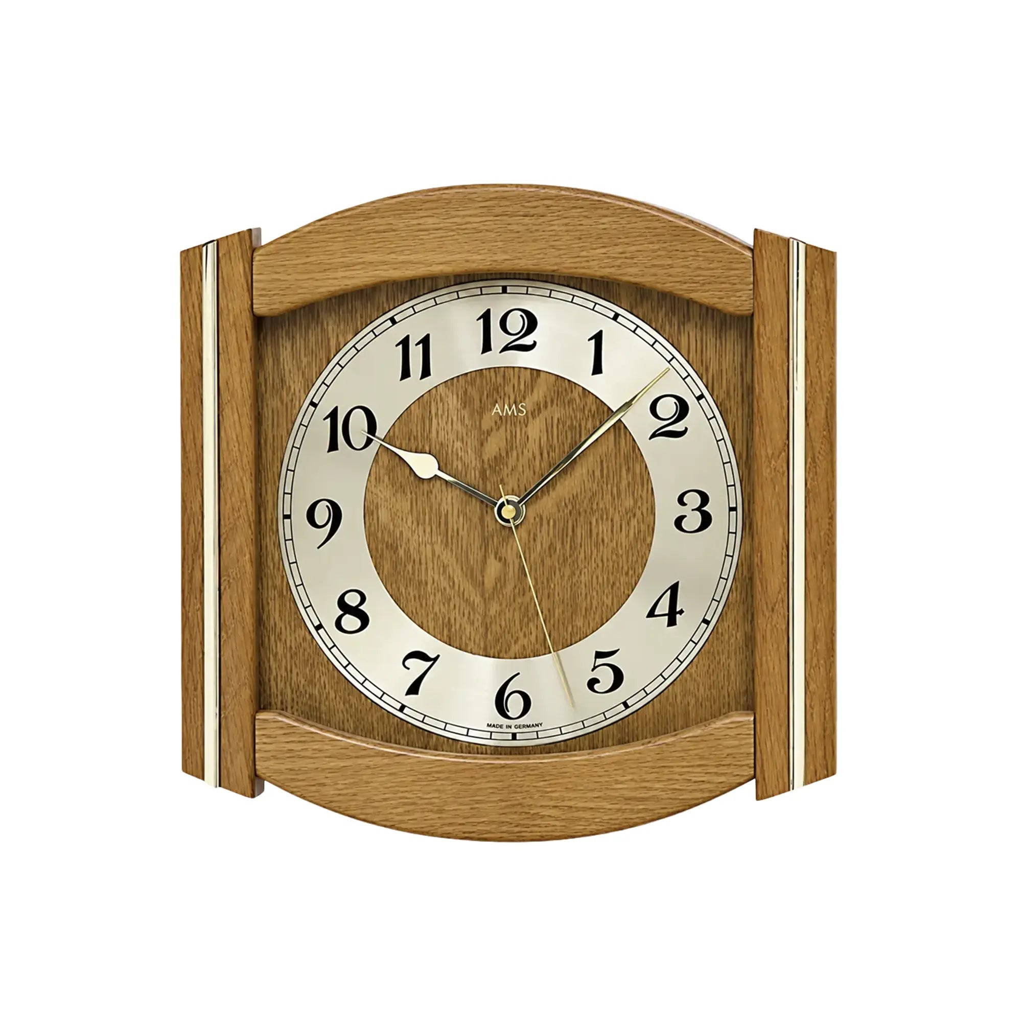 Funk-Wanduhr mit rundem Ziffernblatt, Holzgehäuse in Eiche und Zeigern, Wandmontage