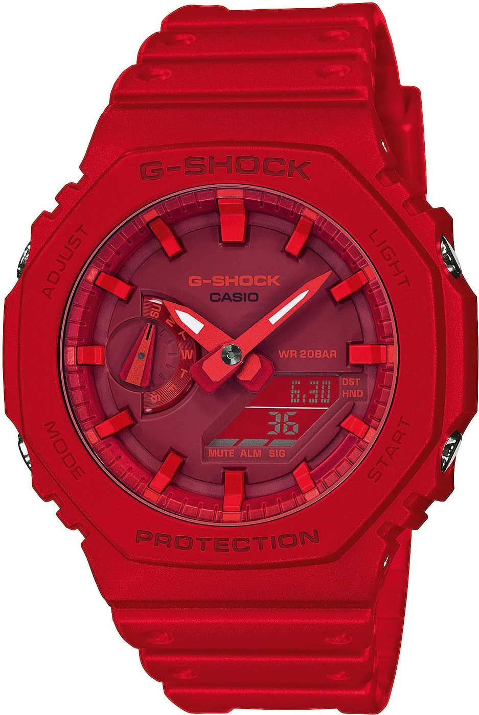 Orologio da uomo Casio G-Shock con cassa rossa e quadrante analogico rosso.