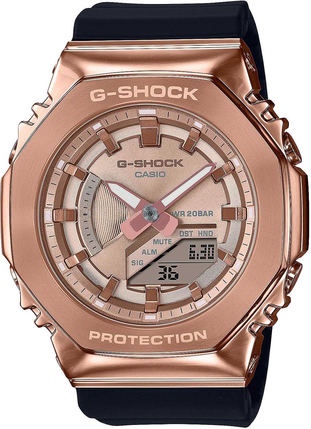 Damenuhr mit roségoldfarbenem Gehäuse, schwarzem Armband und Digitalanzeige