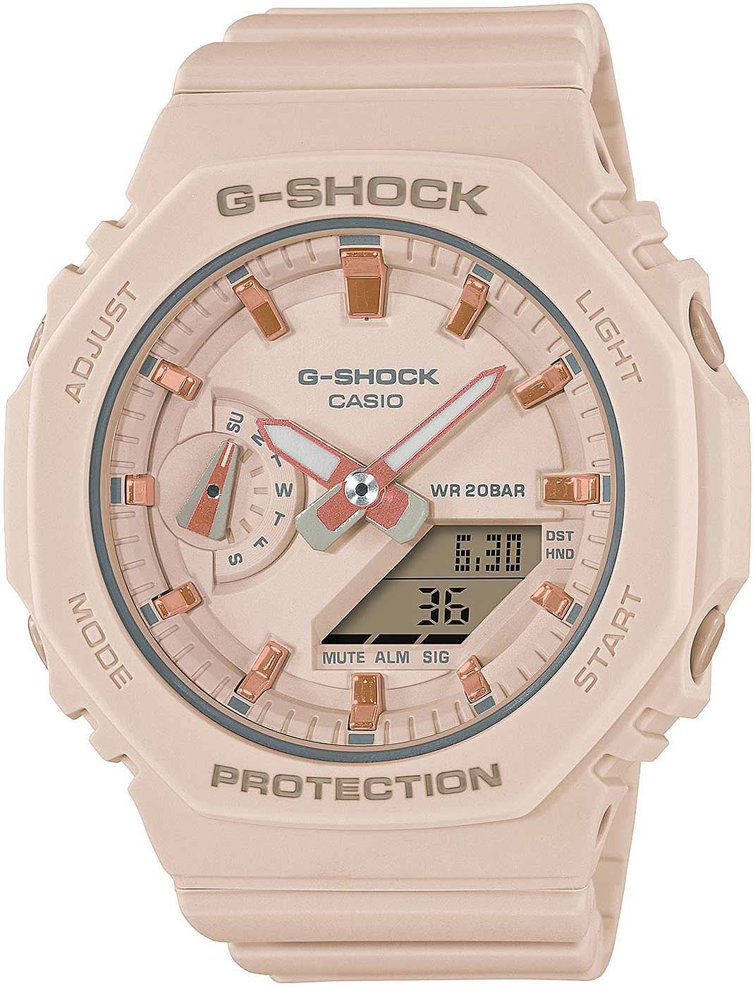 Damenuhr mit G-Shock Zifferblatt, rosafarbenem Armband und Schutzgehäuse