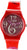 Orologio Swatch rosso con quadrante rotondo e numeri decorativi rossi su cinturino in plastica.
