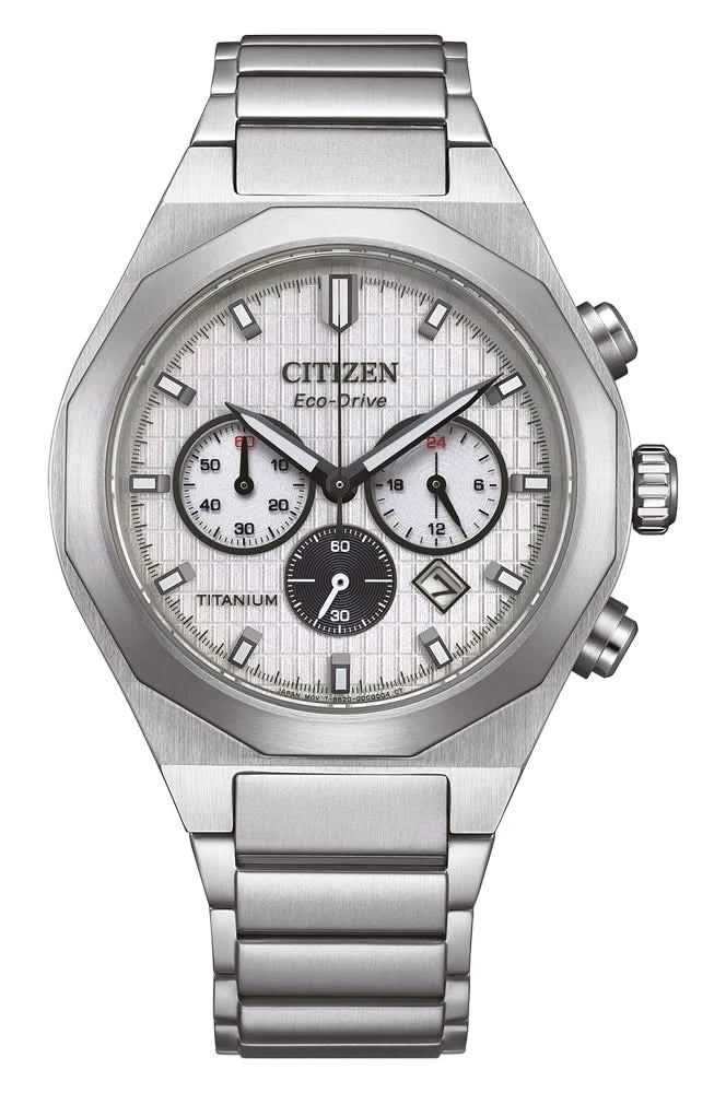 Orologio da uomo Citizen con quadrante argentato, Eco-Drive e cronografo a tre contatori