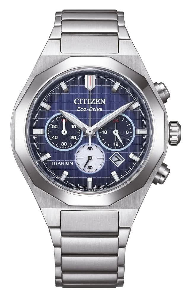 Chronographen-Herrenuhr mit blauem Zifferblatt und Titanarmband.