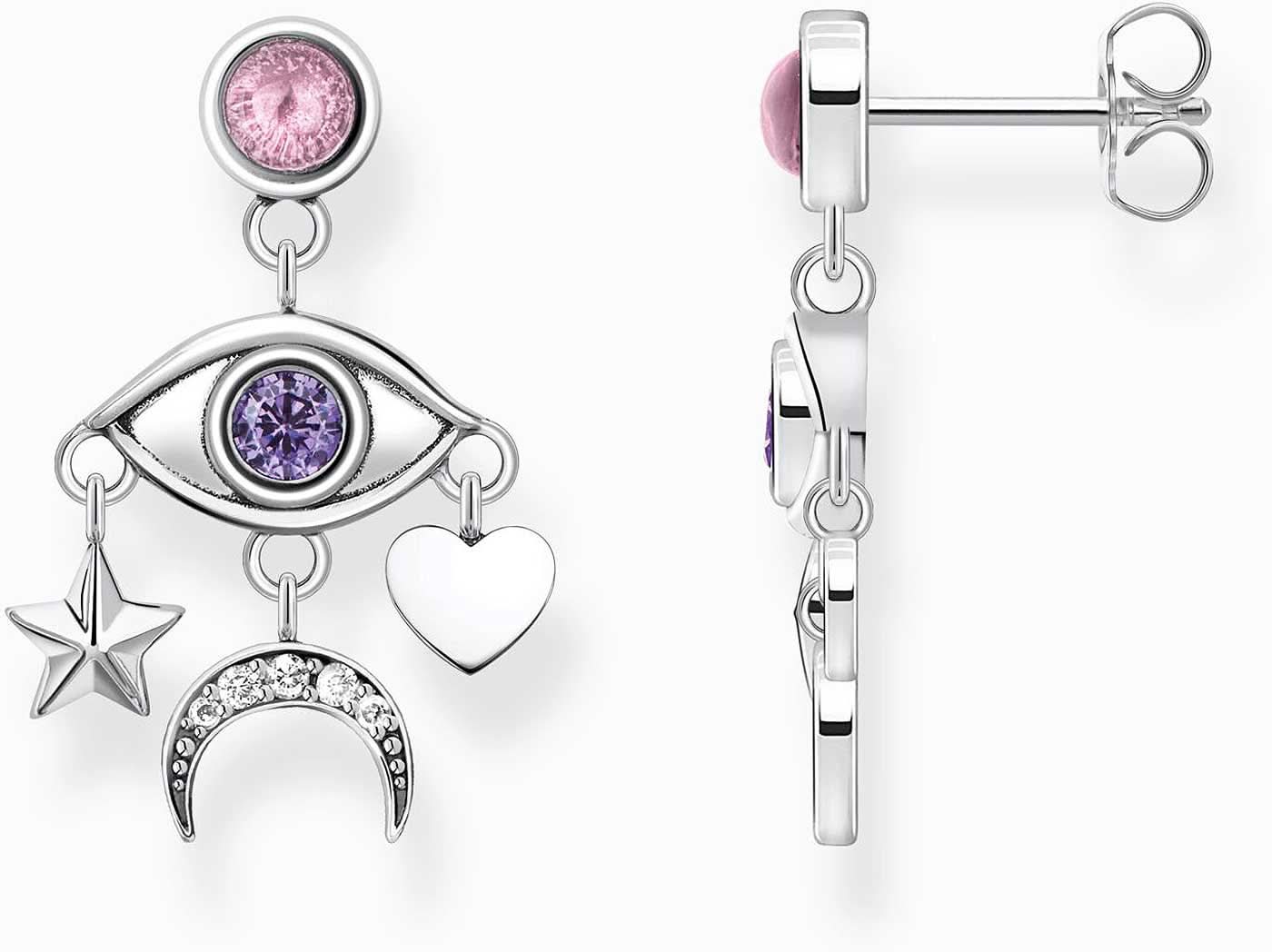 Orecchini in argento con occhio 3D, ciondoli a forma di cuore, stella e luna, accento viola.