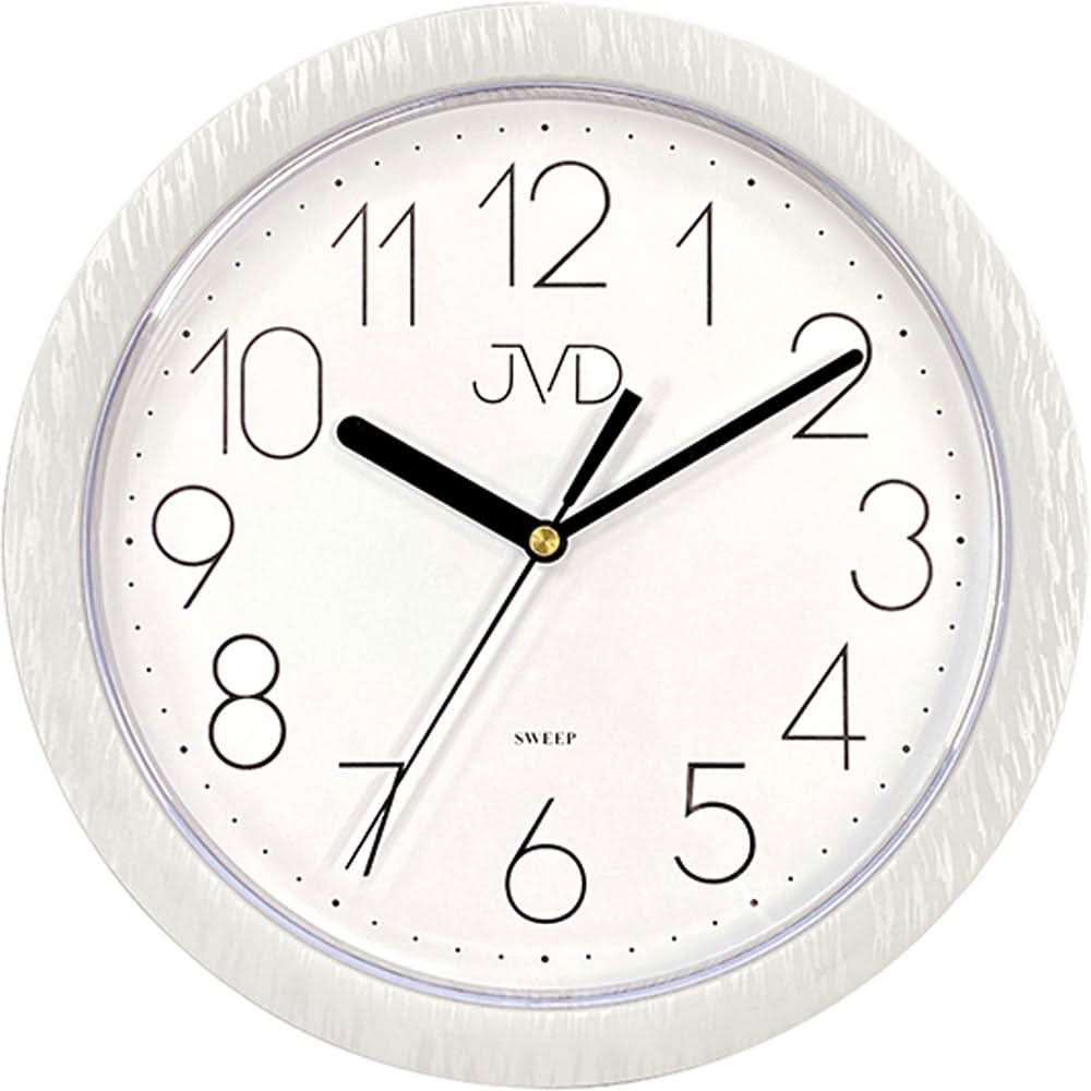 Orologio da parete rotondo JVD con quadrante bianco, numeri e lancette neri, layout 12 ore