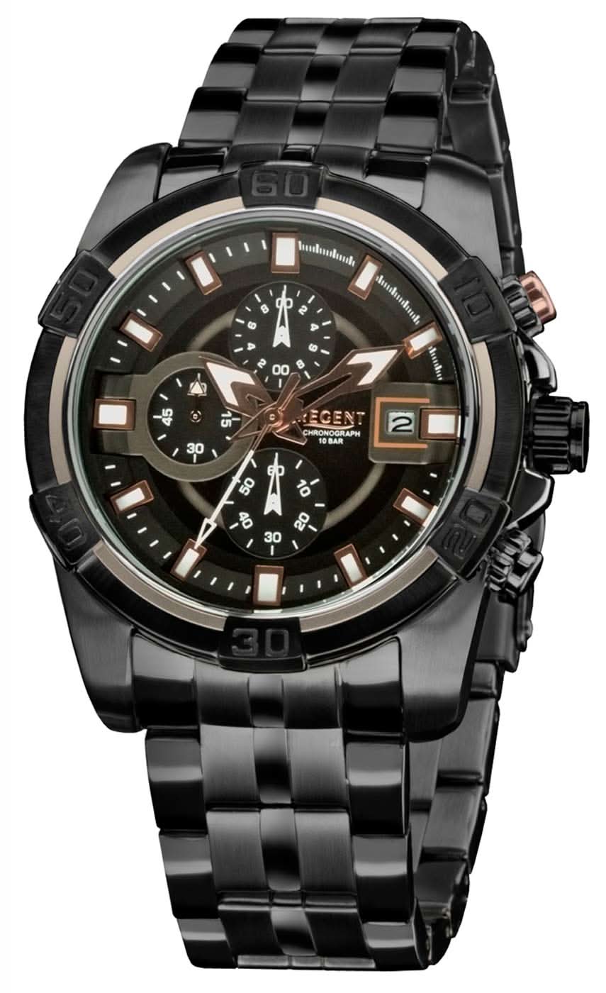 Orologio da uomo con quadrante nero, sottoquadranti cronografici e cinturino in metallo