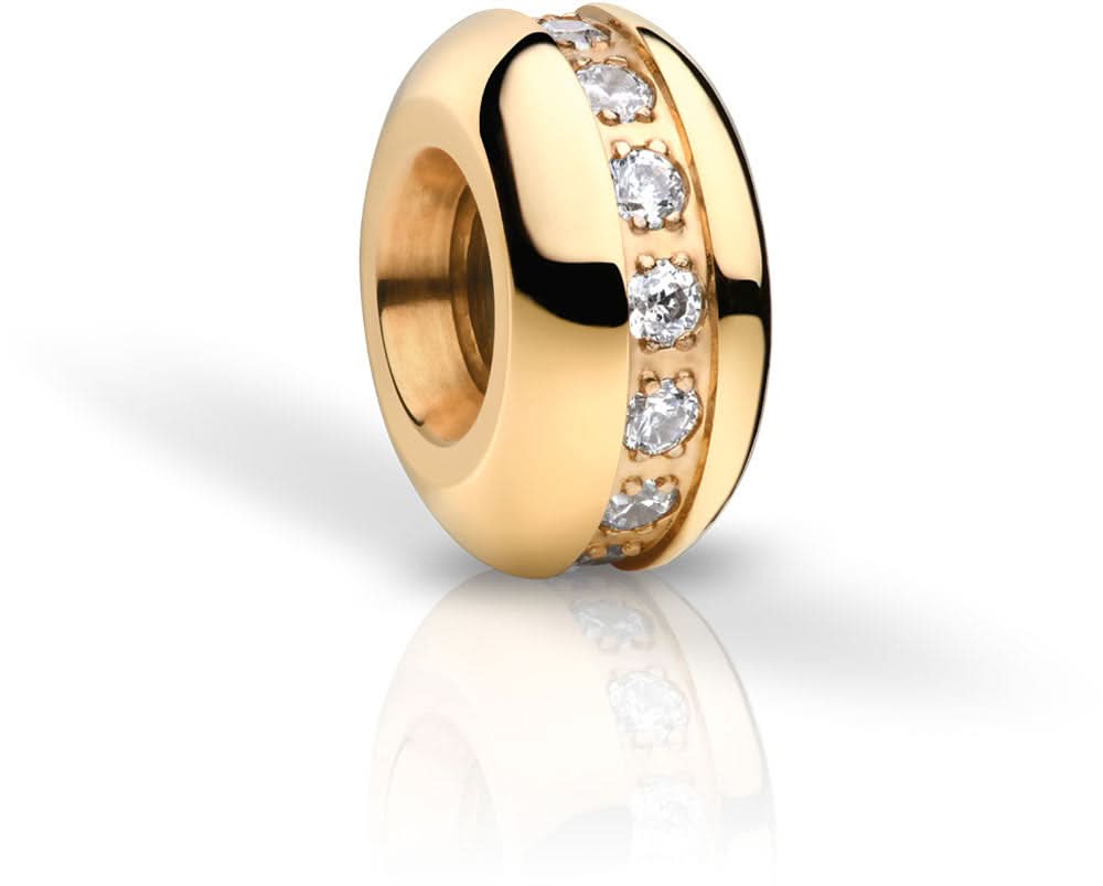 Charm in acciaio inossidabile, anello color oro con inserto nero e pietre trasparenti