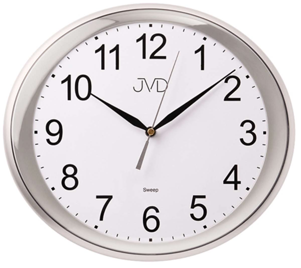 Orologio da parete ovale: quadrante bianco con numeri e lancette neri, cornice argentata