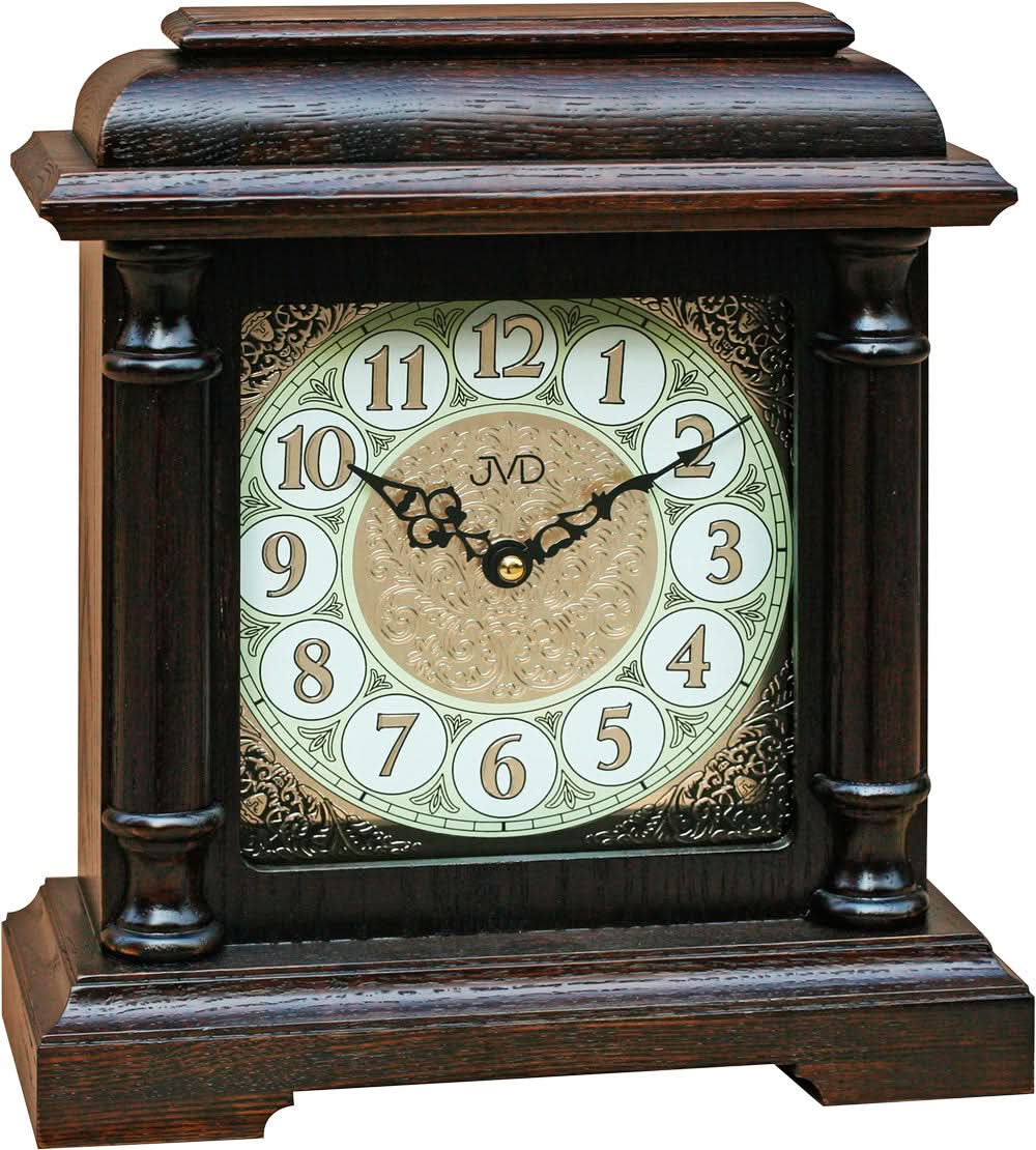 Orologio da tavolo in legno con frontale in vetro, numeri arabi, quadrante con JVD